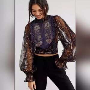 Free People Camille Bohemian Beaded‎ Black Combo Floral Blouse Sz L NWOT